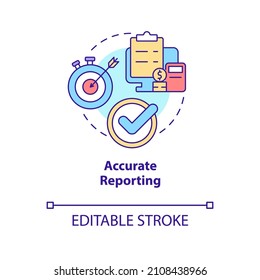 Accurate reporting concept icon. Business tool advantage abstract idea thin line illustration. Right data. Isolated outline drawing. Editable stroke. Roboto-Medium, Myriad Pro-Bold fonts used