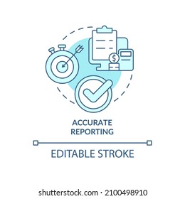 Accurate Reporting Turquoise Concept Icon. Increasing Productivity Abstract Idea Thin Line Illustration. Isolated Outline Drawing. Editable Stroke. Roboto-Medium, Myriad Pro-Bold Fonts Used