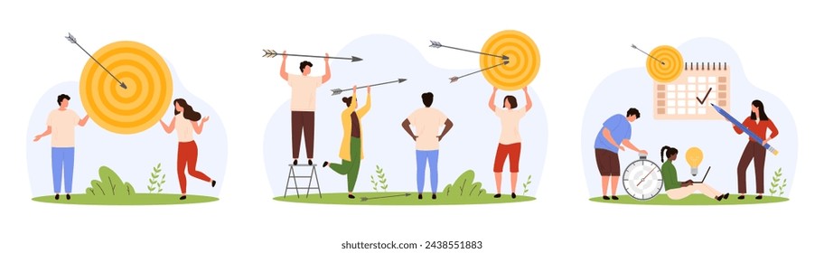 Accurate shot on target, success business goal and progress in challenge set. Tiny people holding arrows to hit bullseye, work with huge calendar and timer to plan growth cartoon vector illustration