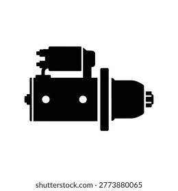 Accurate vector illustration of a starter motor as an automotive engine starting system component on white background, perfect for electrical system guides, repair manuals, and auto parts catalogs.