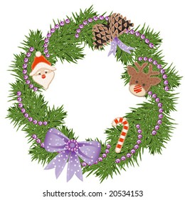 Accurate vector Pine Christmas chaplet with decorations, that looks like real.
