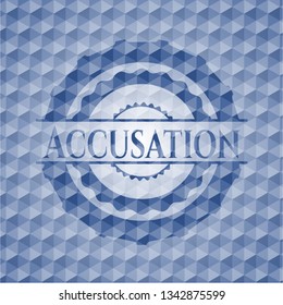 Accusation blue emblem or badge with abstract geometric pattern background.