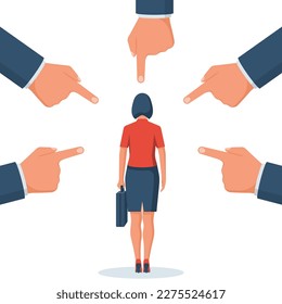 Accusation concept. Sad businesswoman. People point fingers at sad person. Public victim. Vector illustration flat design. Isolated on white background. Harassment coworkers. Victim worker.