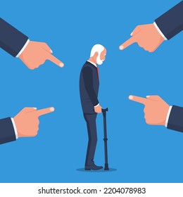 Accusation concept. Sad old man with a cane. Age discrimination. People point fingers at the sad person. Public victim. Vector illustration flat design. Disrespect for age.