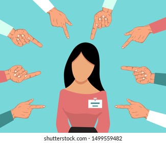 Accusation guilty person female. Unhappy guilty girl is blamed by many people fingers pointing at her. Girl accused vector illustration