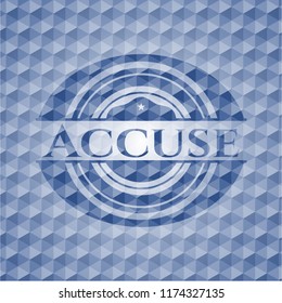 Accuse blue emblem or badge with abstract geometric pattern background.