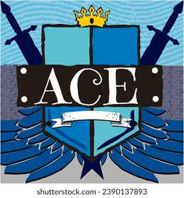 ACE Boys Name in Three Letter Emblem Design in Heraldic Style with Shield and Sword, King Crown and Flags