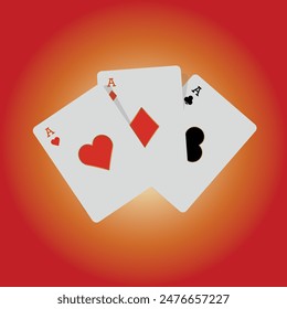 Ace card deck with hearts, diamonds and clubs, poker cards with red background. 