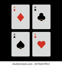 Ace card deck with hearts, diamonds, spades and clubs, poker cards on black background. 