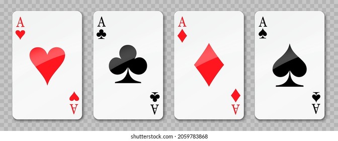 Ace card suit set isolated, playing cards symbols, aces playing cards on the transparent background, card suit icon sign - stock vector