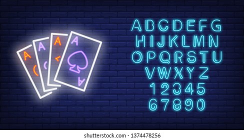 Ace cards neon sign. Diamond, club, heart, spade. Night bright advertisement. Vector illustration in neon style for gambling, casino and poker club