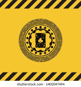 ace of clover icon black grunge emblem, yellow warning sign. Vector Illustration. Detailed.
