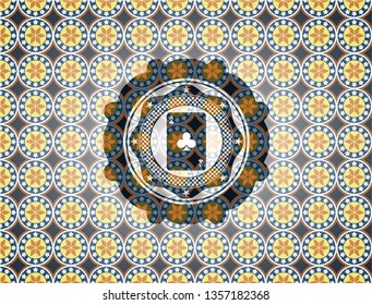 ace of clover icon inside arabic emblem background. Arabesque decoration.