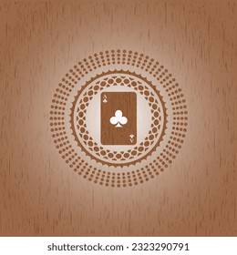 ace of clover icon inside badge with wooden background. 