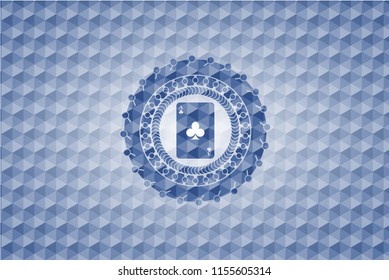 ace of clover icon inside blue emblem or badge with abstract geometric pattern background.