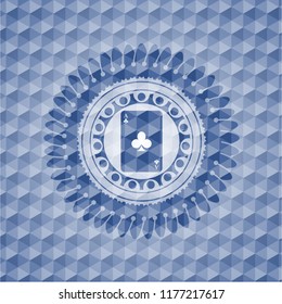 ace of clover icon inside blue emblem or badge with abstract geometric polygonal pattern background.