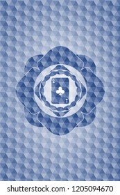 ace of clover icon inside blue emblem or badge with geometric pattern background.