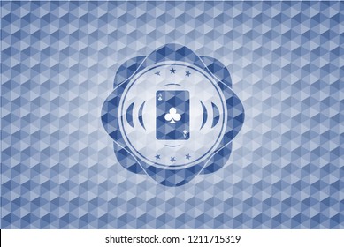 ace of clover icon inside blue badge with geometric pattern.