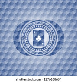 ace of clover icon inside blue emblem or badge with abstract geometric polygonal pattern background.