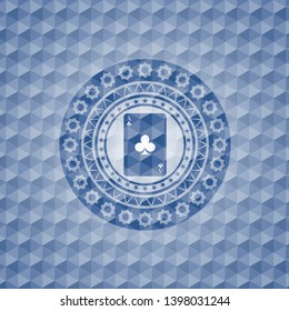 ace of clover icon inside blue emblem with geometric pattern background.