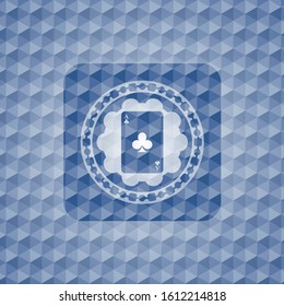 ace of clover icon inside blue emblem with geometric pattern background.