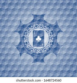 ace of clover icon inside blue emblem with geometric pattern background.