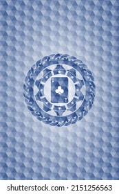 ace of clover icon inside blue emblem or badge with geometric pattern background. 