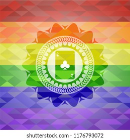 ace of clover icon inside emblem on mosaic background with the colors of the LGBT flag
