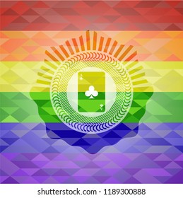 ace of clover icon inside emblem on mosaic background with the colors of the LGBT flag