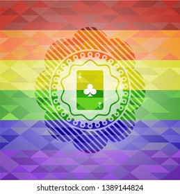 ace of clover icon inside emblem on mosaic background with the colors of the LGBT flag