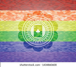 ace of clover icon inside emblem on mosaic background with the colors of the LGBT flag