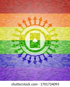 ace of clover icon inside emblem on mosaic background with the colors of the LGBT flag