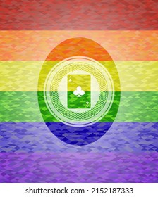 Ace Of Clover Icon Inside Emblem On Mosaic Background With The Colors Of The LGBT Flag. 