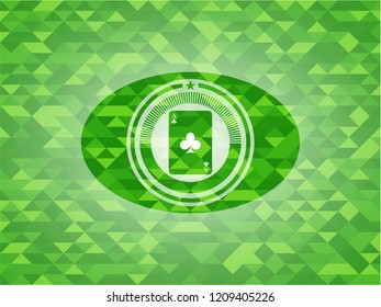 ace of clover icon inside green emblem. Mosaic background