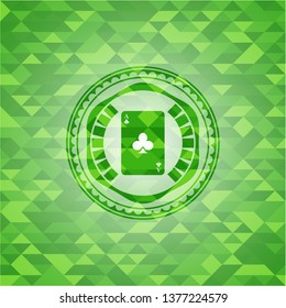 ace of clover icon inside green emblem with triangle mosaic background