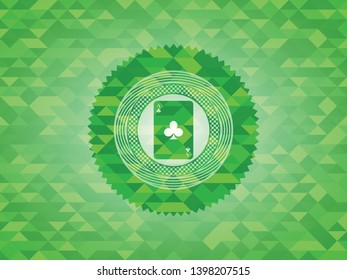 ace of clover icon inside green emblem. Mosaic background