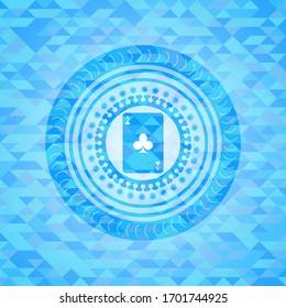 ace of clover icon inside light blue emblem. Mosaic background