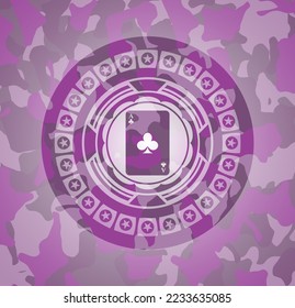 ace of clover icon inside pink and purple camouflage texture. 