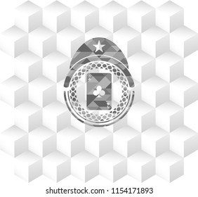 ace of clover icon inside realistic grey emblem with geometric cube white background