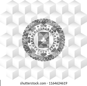 ace of clover icon inside realistic grey emblem with geometric cube white background