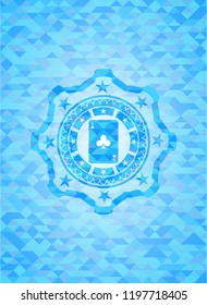 ace of clover icon inside realistic light blue emblem. Mosaic background