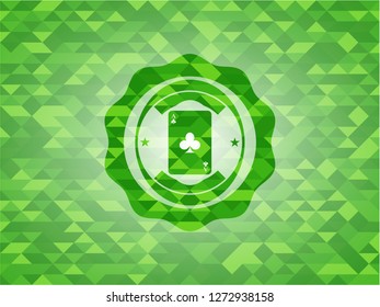 ace of clover icon inside realistic green emblem. Mosaic background