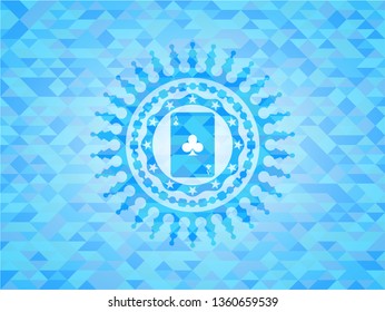 ace of clover icon inside realistic light blue emblem. Mosaic background