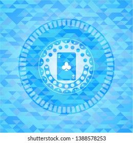 ace of clover icon inside realistic light blue emblem. Mosaic background