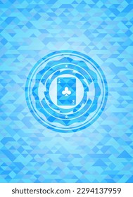 ace of clover icon inside realistic sky blue emblem. Mosaic background. 