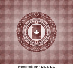 ace of clover icon inside red badge with geometric pattern background. Seamless.