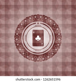 ace of clover icon inside red seamless emblem with geometric background.