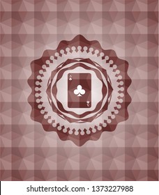 ace of clover icon inside red emblem or badge with abstract geometric polygonal pattern background. Seamless.