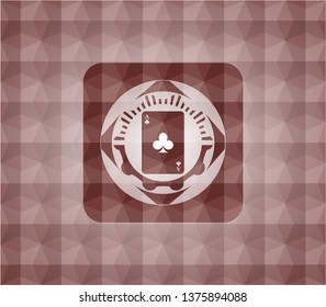 ace of clover icon inside red seamless badge with geometric background.