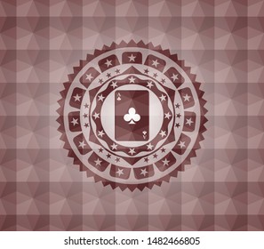 ace of clover icon inside red emblem with geometric pattern. Seamless.